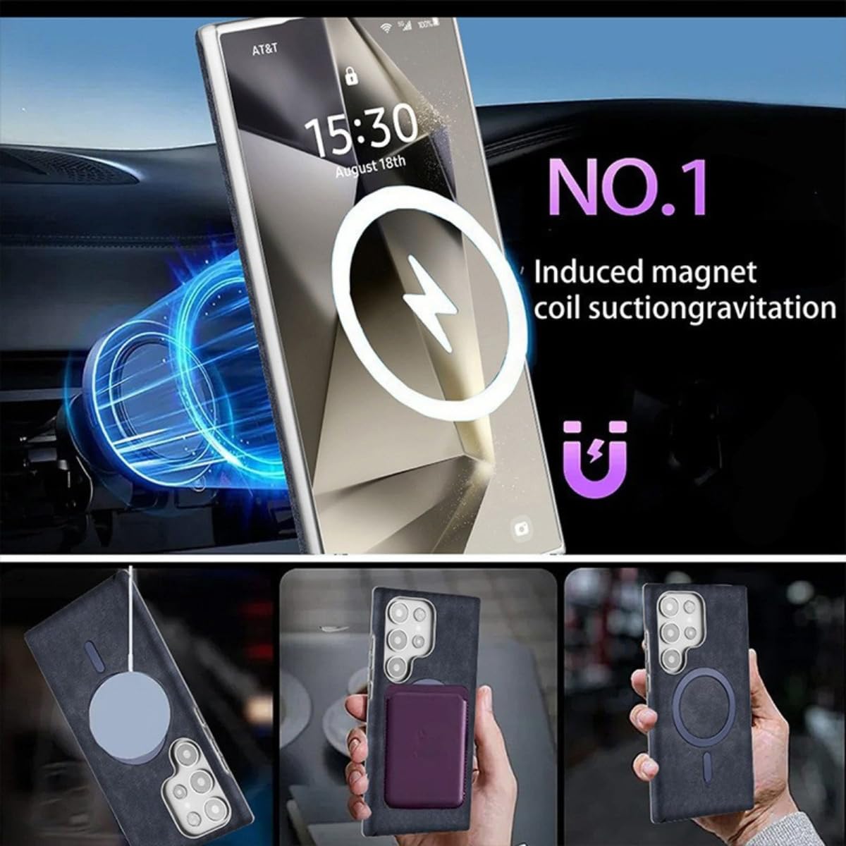 Black magnetic phone case with circular design and suction feature for car vent mount