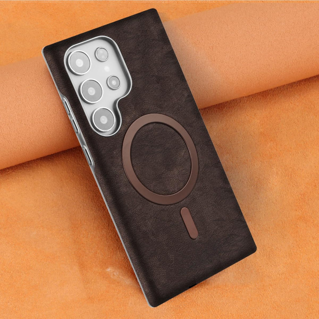 Black leather phone case with magnetic charging pad and camera lens cutouts, samsung galaxy s21 ultra model